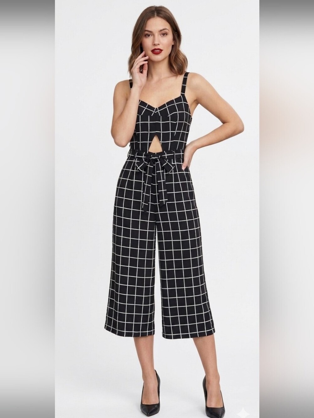 Dotti Black & White Grid Print Jumpsuit  Cutout Tie Front Wide Leg Size Small